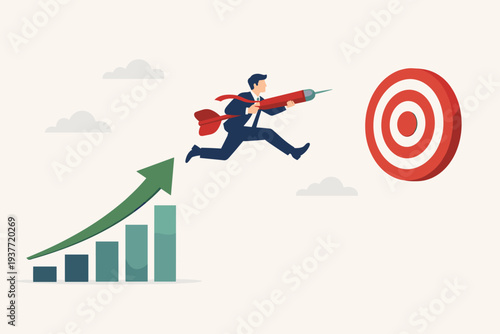 Businessman jumping from a rising bar chart towards a target with a large dart, representing business success, goal achievement, growth strategy, leadership ambition, and progress in career.