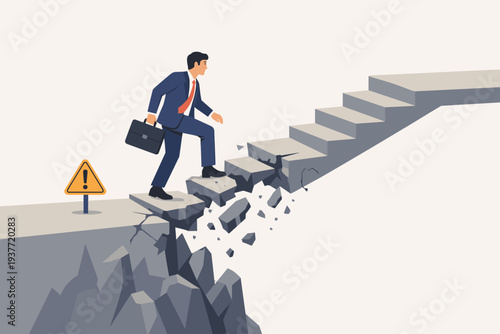 Businessman climbing a crumbling stone staircase, overcoming career obstacles, business risks, and challenges to achieve success. Professional man facing danger on his path to leadership goals.