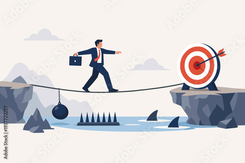 Businessman Walking on Tightrope Over Dangerous Water with Sharks and Spikes to Reach Target Goal, Concept of Business Risk Management, Overcoming Challenges, Strategy, Skill and Career Success