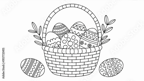 Easter basket filled with decorated eggs and surrounded by foliage on white background for holiday coloring pages