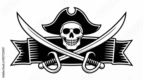 Pirate skull with crossed swords and banner black and white illustration jolly roger symbol