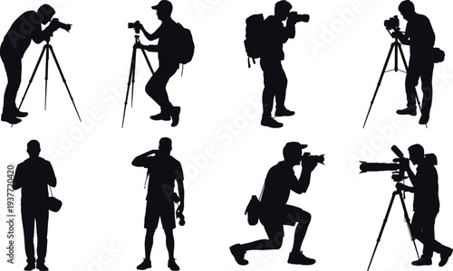 Photographer and videographer silhouette collection with camera tripod backpack and filming equipment, professional photography people set isolated, media production and content creator concept