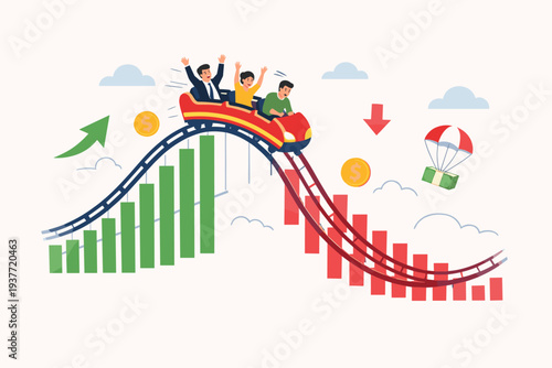Investment Volatility Metaphor with People Riding a Roller Coaster on a Financial Stock Market Fluctuation Graph Showing Rising and Falling Trends, Economic Risk, and Profit Loss Concept