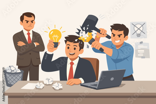 Toxic Workplace Culture with Jealous Colleague Smashing Creative Ideas and Angry Boss Disapproving Innovation, Illustration of Sabotage, Envy, and Hostile Office Environment in Business Context