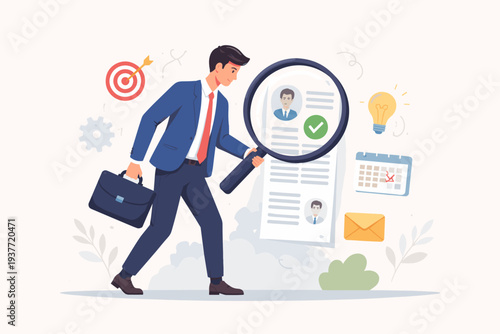 Businessman or Recruiter Searching for New Job Opportunities and Candidates with Magnifying Glass, Recruitment Process, Career Growth, Employment Vacancy, and Human Resources Concept Illustration
