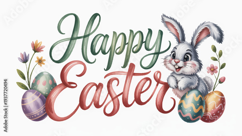 Easter bunny waving with colorful eggs and flowers happy easter greeting card design