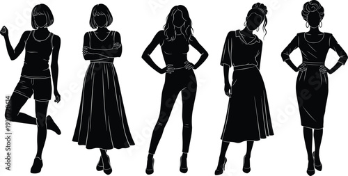 Fashion silhouettes diverse clothing styles, casual sporty outfit, elegant dress, vintage attire, hairstyle variety, posture expression, stylish illustration, artistic design