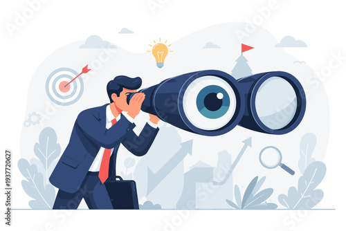 Business vision and opportunity search concept with businessman looking through giant binoculars, finding new career direction, recruitment, success strategy, and future planning illustration.