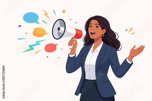 Confident Professional Woman in Business Suit Holding Megaphone for Public Speaking, Marketing Announcement, Leadership Communication, and Presentation Skills Vector Illustration Concept.