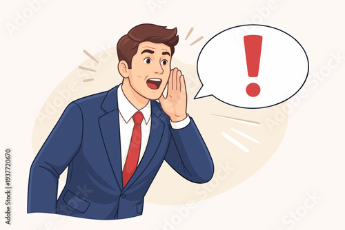 Businessman in a blue suit shouting out loud with a hand near his mouth and a speech bubble with a red exclamation mark, concept for important news, announcement, attention, and storytelling.