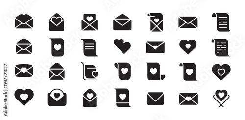 Collection of thirty black silhouette icons representing love letters and heart mail concepts