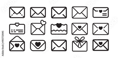 Fifteen outline icons illustrating various closed and open love letters with heart shapes
