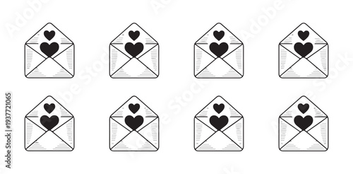 Eight monochrome vector illustrations showing open envelopes with two black hearts inside