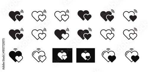 Eighteen icons showing interconnected hearts representing wireless connection love and affection signals