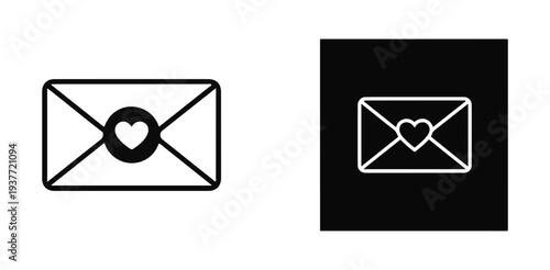 Love letter envelope icons with heart seal wax stamp in black and white styles for romantic message