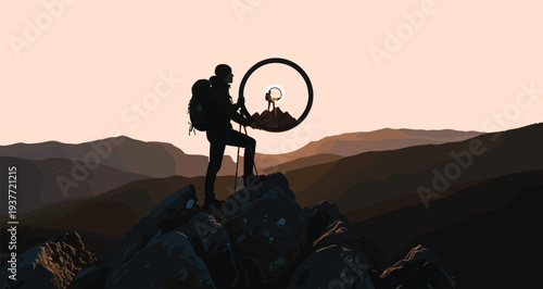 Hiker silhouette on mountain peak, sunrise adventure, circular frame perspective, inspiring journey, exploration achievement, surreal landscape, outdoor travel photography
