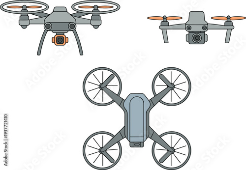 Drone quadcopter aerial camera illustration showing modern unmanned aerial vehicle with rotors and camera system used for photography surveillance mapping inspection and technology innovation