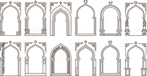 Islamic mosque arch frame collection with arabic ornamental doorway designs inspired by traditional Middle Eastern architecture for Ramadan, Eid greeting templates and decorative islamic pattern