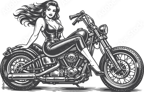 Vintage Pin Up Woman Sitting on Chopper Motorcycle – Retro Biker Tattoo Flash Style Black and White Vector Illustration