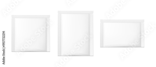 3d realistic vector illustration. Set of blank white sugar or food packaging sachets mockup.