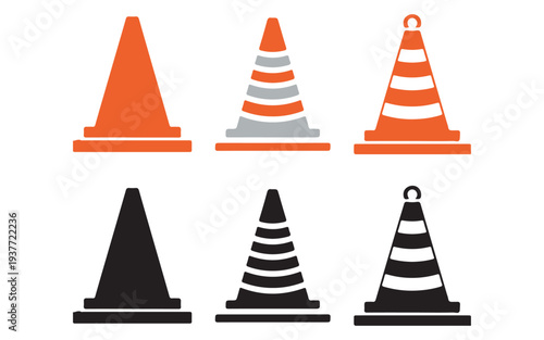 Traffic Cone Icon Set – Road Construction, Safety Warning and Hazard Sign Vector Collection