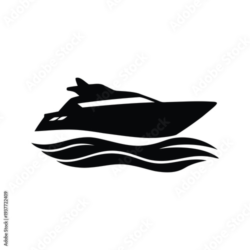 yacht in motion with waves silhouette vector illustration, Modern luxury yacht sailing smoothly over dynamic waves silhouette vector illustration