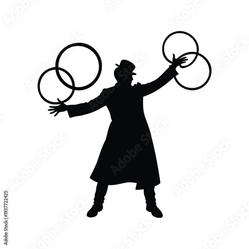 magician spinning rings silhouette vector illustration, Magician performing with three rings in air elegant silhouette vector illustration for entertainment design