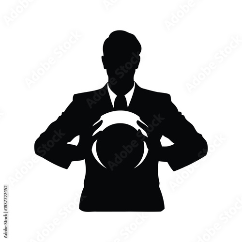 magician with crystal ball silhouette vector illustration, Professional businessman holding crystal ball silhouette vector illustration for business forecasting and strategy