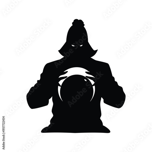 magician with crystal ball silhouette vector illustration, Mysterious fortune teller holding crystal ball silhouette vector illustration with hooded cloak