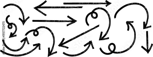A collection of hand drawn black arrows and swirling lines visually represents movement direction and cyclical processes on a white background high quality
