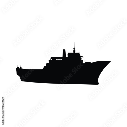 ship docked at port silhouette vector illustration, Modern cargo ship silhouette vector illustration with detailed deck structures and lifeboats