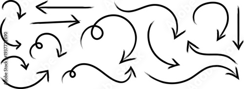 A collection of diverse hand drawn black arrows and curved lines illustrates various directional flows and looping patterns on a white background