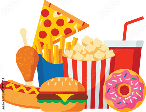 burger icon. fast food icon. Fast food meal illustration with burger hotdog fries soda and donut