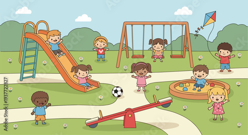 Children playing in colorful playground with slide, swings, seesaw, sandbox, soccer ball, kite, trees, flowers, and sunny sky