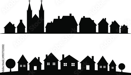 Black townscape silhouette collection featuring historic church with spires, traditional houses, modern residential neighborhood, and suburban landscape