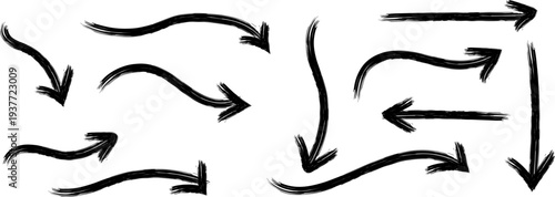 A collection of hand painted black brushstroke arrows pointing in various directions suggesting movement and flow with artistic flair high quality professional detailed