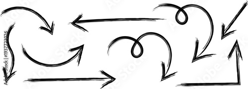 A collection of hand drawn black arrows and swirls indicating various directions and movements depicted with a rough sketch like style high quality