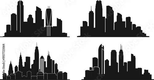 Collection of four black city skyline silhouettes arranged in grid, showcasing diverse architectural landmarks, towers, domes, spires, and skyscrapers
