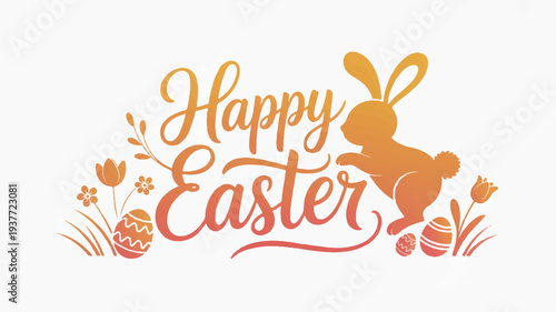 Easter bunny graphic with happy easter text and spring flowers on white background for holiday decoration