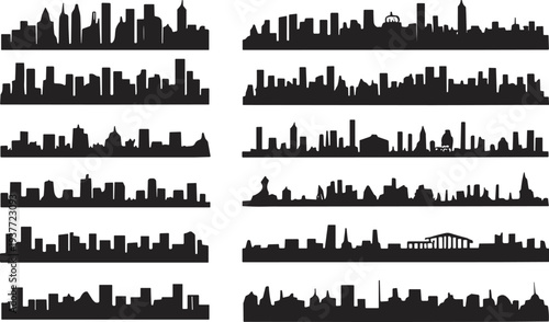 Collection of fifteen black city skyline silhouettes arranged in grid, showcasing diverse architectural landmarks, towers, domes, spires, and skyscrapers