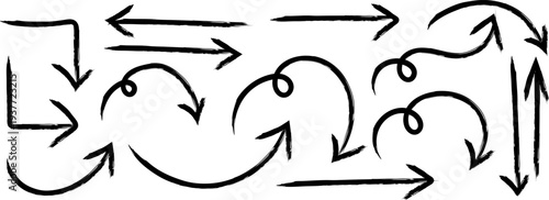 A collection of hand drawn black arrows and curved lines illustrate various directions movement and cyclical patterns with artistic flair high quality professional