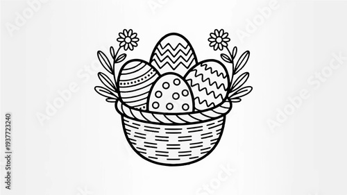 Colorful easter eggs in a wicker basket with flowers on white background holiday decoration