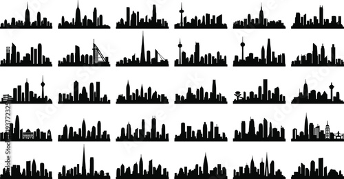 Collection of thirty black city skyline silhouettes arranged in grid, showcasing diverse architectural landmarks, towers, domes, spires, and skyscrapers