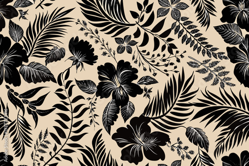 Elegant tropical leaves and hibiscus flowers in a seamless pattern