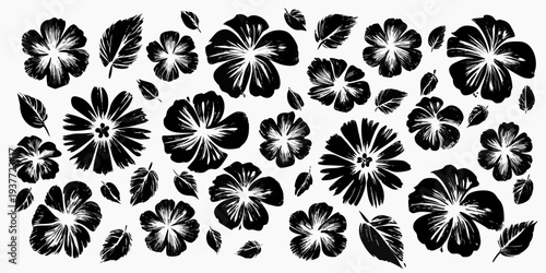 Black and white floral pattern featuring hibiscus and tropical leaves