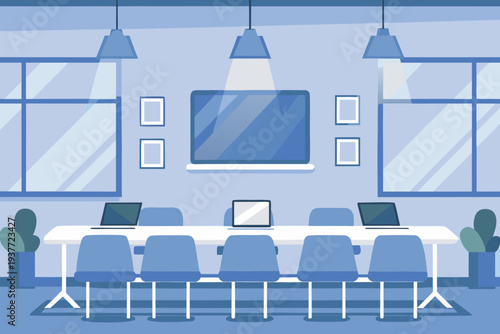 A modern conference room with a large screen and chairs arranged for a meeting