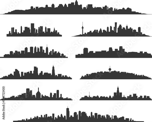 Collection of twelve black city skyline silhouettes arranged in grid, showcasing diverse architectural landmarks, towers, domes, spires, and skyscrapers
