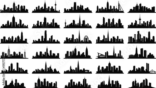 Collection of thirty black city skyline silhouettes arranged in grid, featuring iconic global landmarks, towers, domes, bridges, and skyscrapers