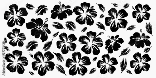 Black and white illustration of hibiscus flowers and foliage pattern