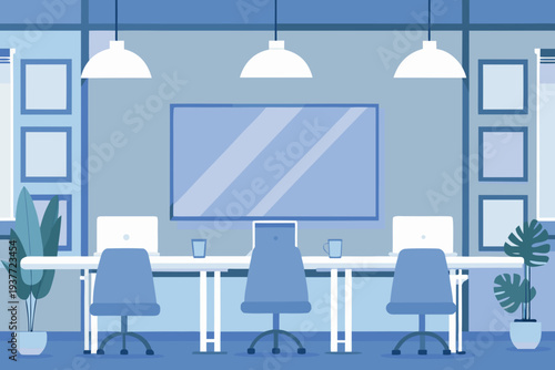 Minimalist office interior with a large television and workstations